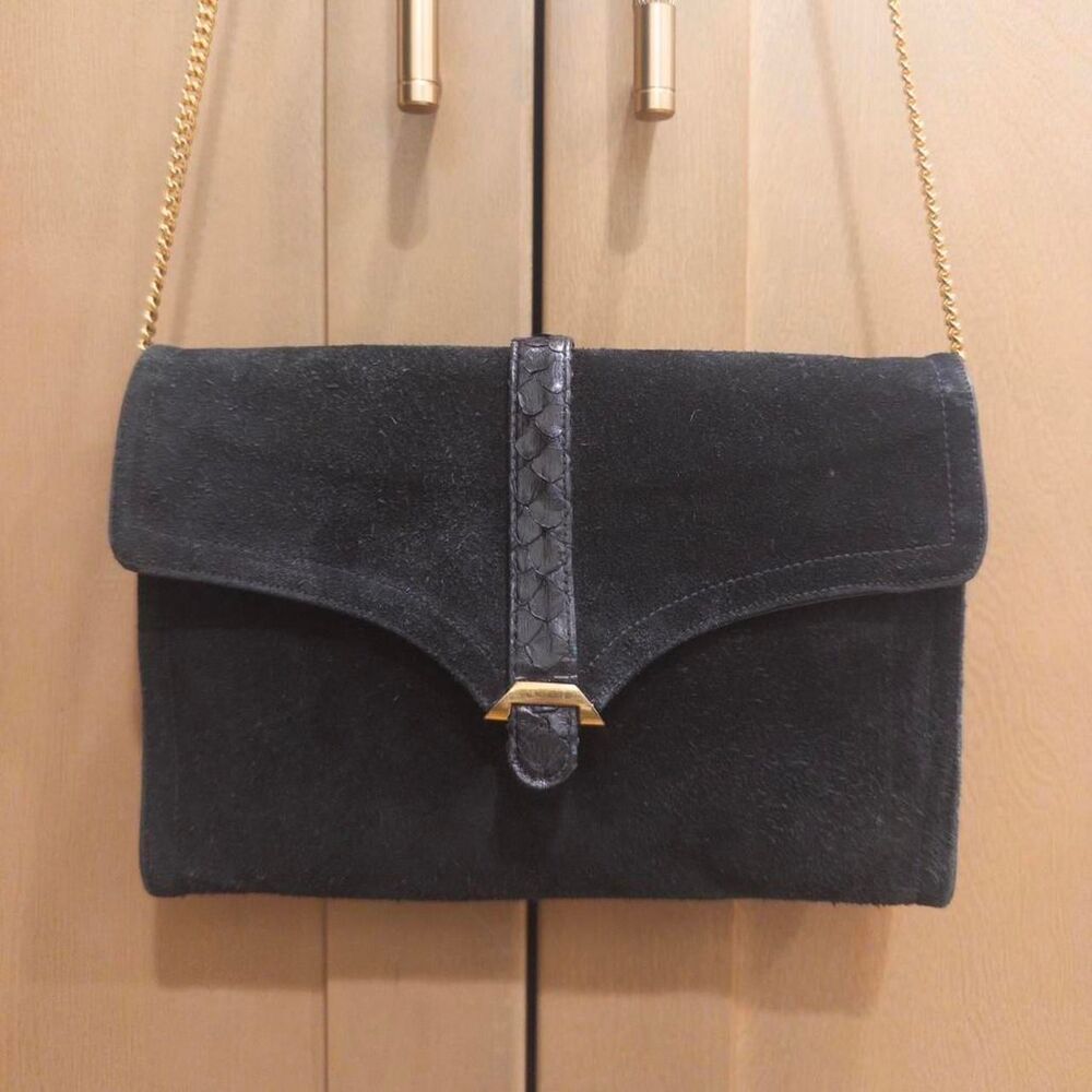 Vintage 60s 70s Bags by Supreme Black Suede Handbag Clutch Snakeskin